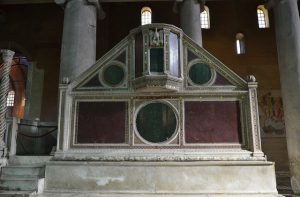 The twelfth-century ambo at San Lorenzo Fuori Le Mura Church in Rome, which is raised up steps on two sides, takes the shape of the “holy mountain” from which the Good News of the Resurrection is proclaimed in the scriptures.