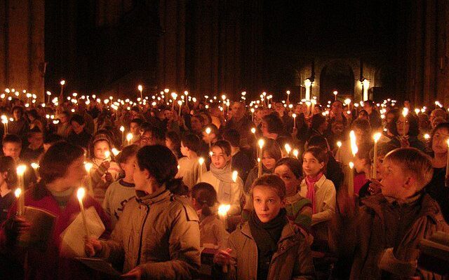 Q: When should the lights come on at Easter Vigil—and why?